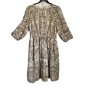 EShakti Dress Womens 1X Beige Floral Fit & Flare Puff Sleeve Knee Length Boho